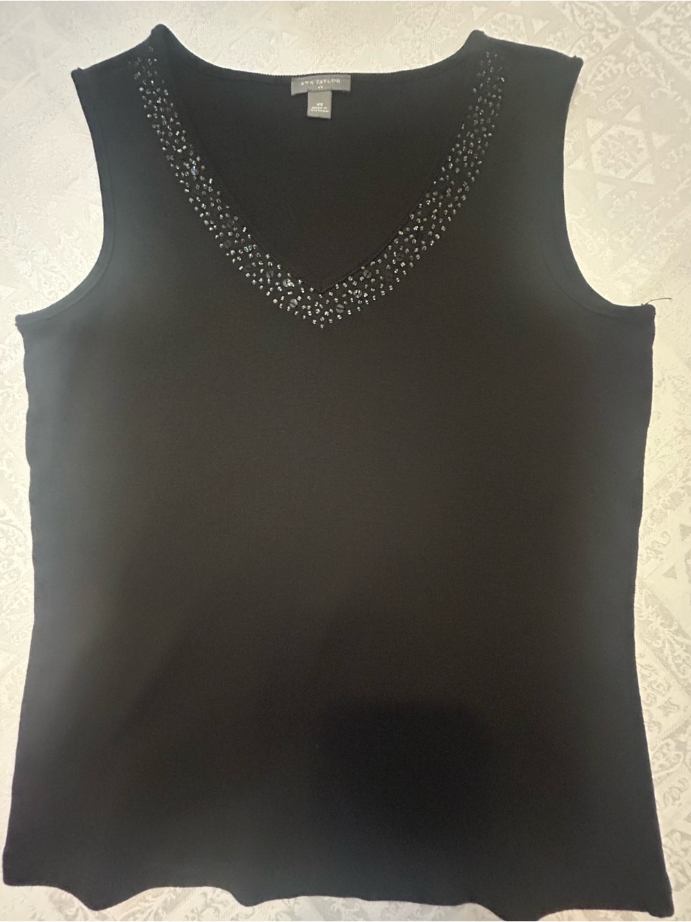 Ann Taylor Black Sleeveless V-Neck Tank with Bead Trim